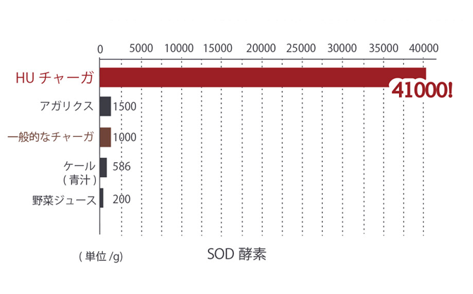 抗酸化酵素比較データ　チャーガ：35000　圧倒的な抗酸化酵素量！